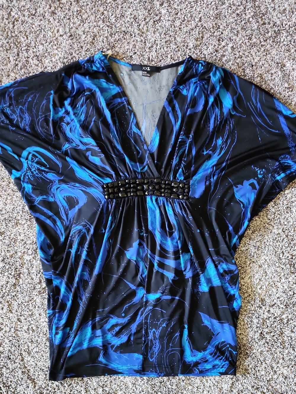Forever 21 Black and Blue V-Neck Gathered Waist Tunic